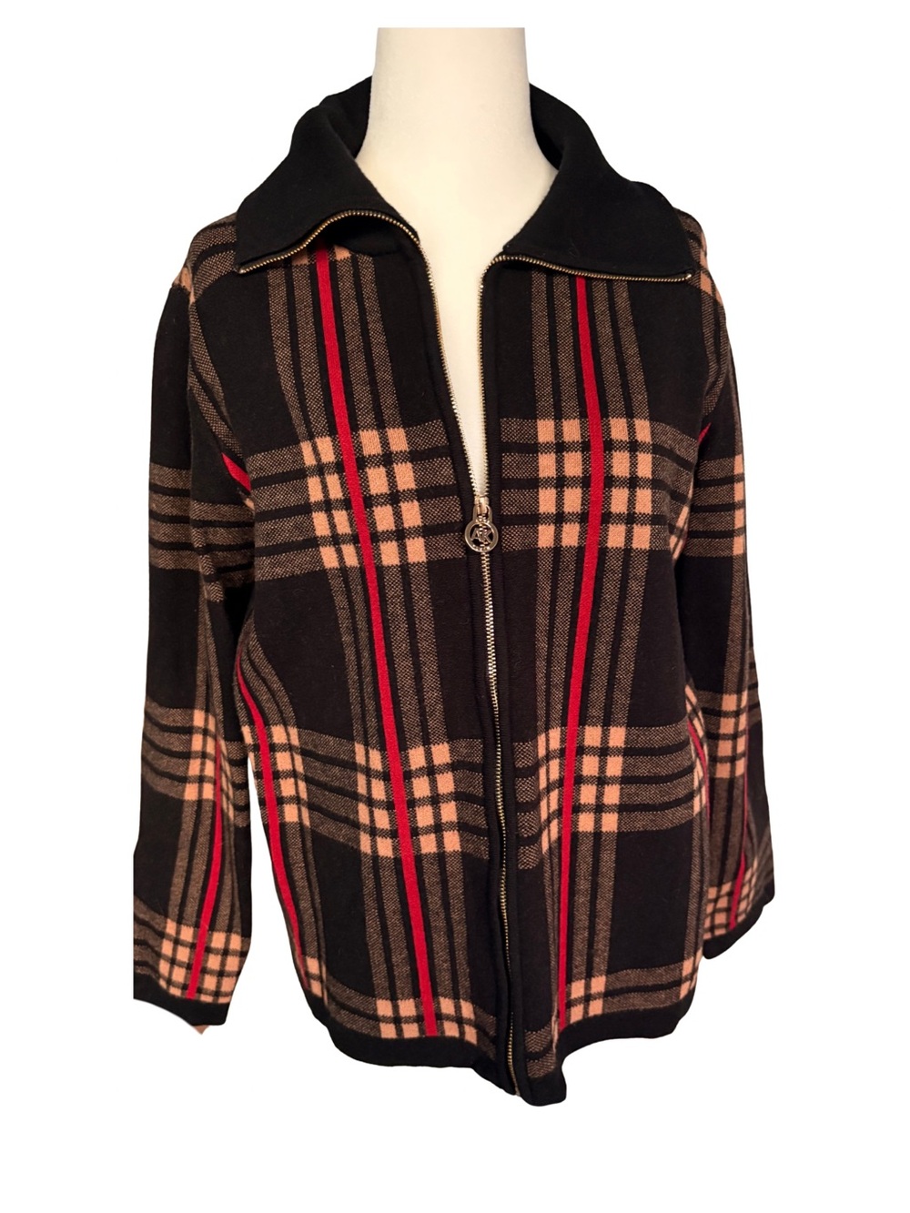 Anne Klein Plaid Zip-Front Jacket Black Red Tan Women's Medium